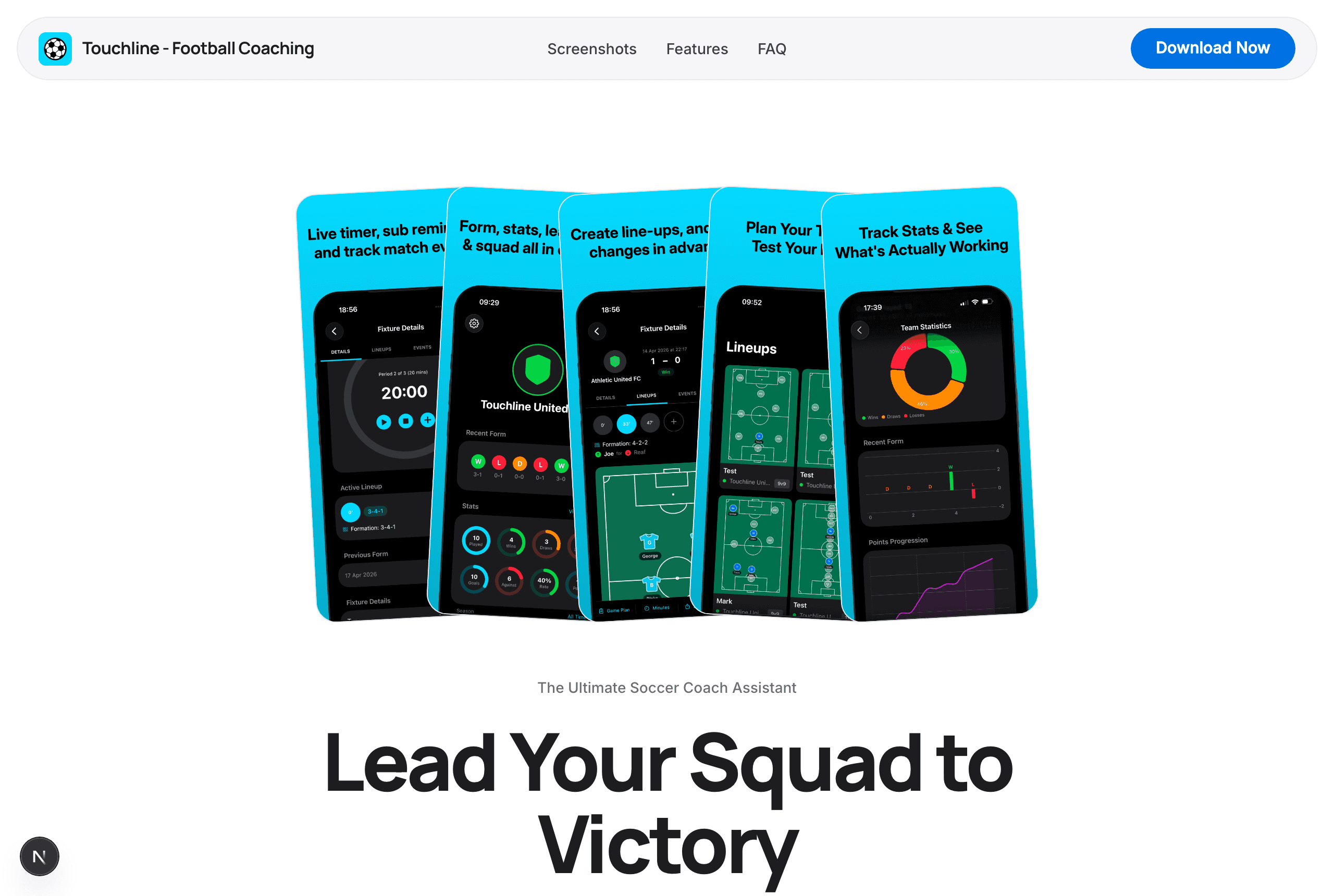 Touchline landing page in the Pebble theme